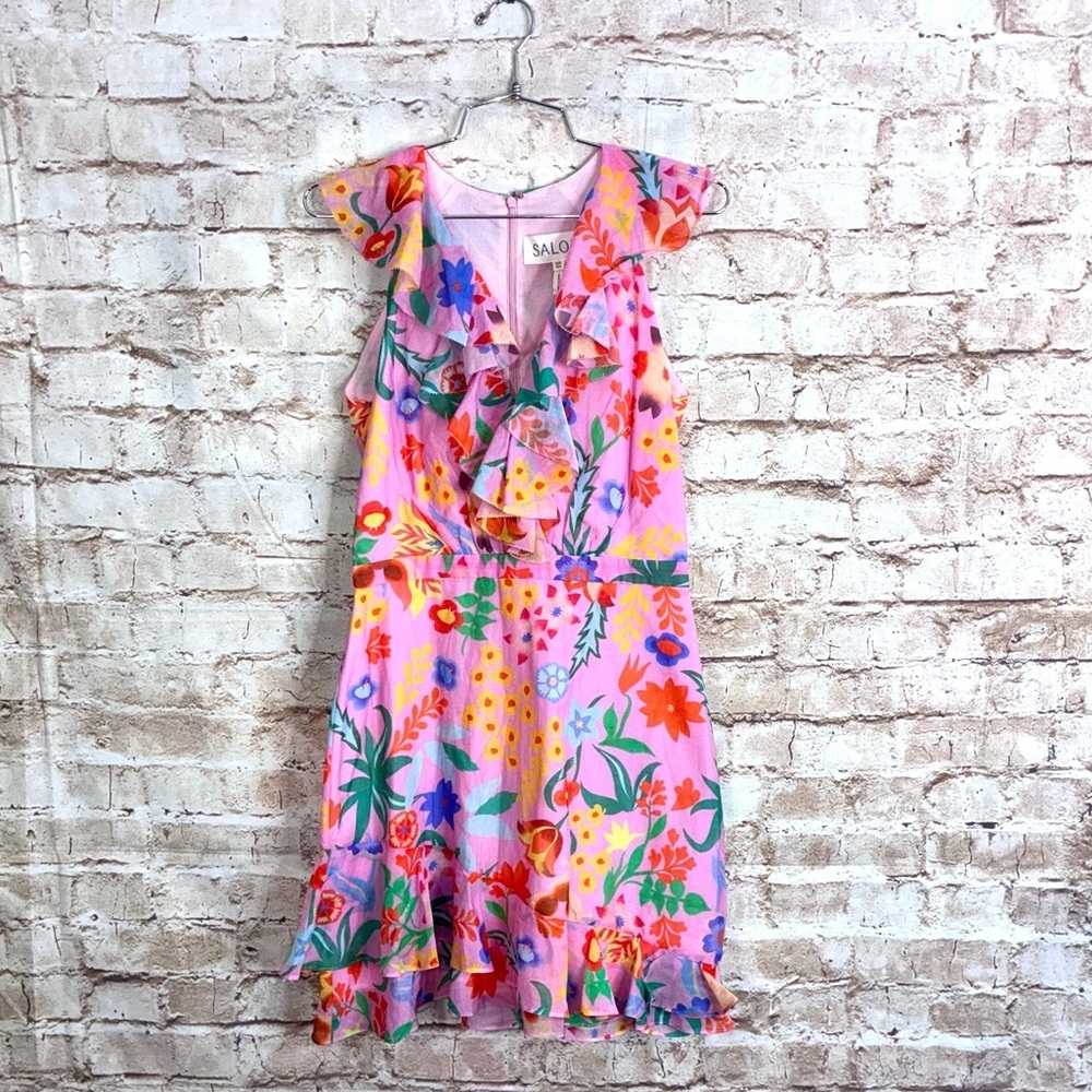 Saloni Cece Ruffled Floral Print Voile Mini Dress in Pink Multicolor Size 4